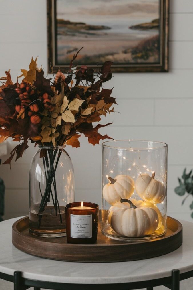 cozy fall decor ideas with pumpkins & candlelight